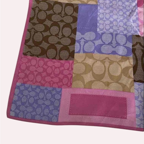 Coach Patchwork Signature Silk Scarf Pink Purple Brown Logo Square - Picture 4 of 6
